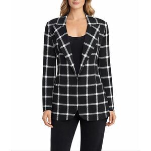 Norma Kamali Neoprene Black White Plaid Open Front Blazer Jacket Size S